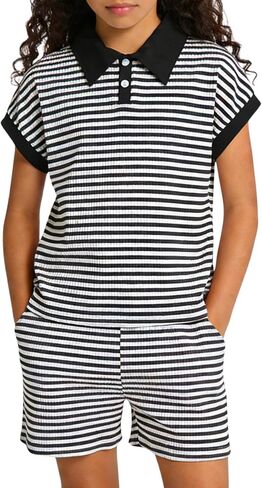 Size 7-14 Girls 2 Piece Outfits Summer Striped Lapel Short Set Cute Teen Girl Clothing Set in Kuwait