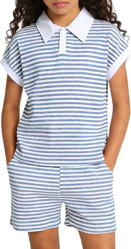 Size 7-14 Girls 2 Piece Outfits Summer Striped Lapel Short Set Cute Teen Girl Clothing Set in Saudi Arabia