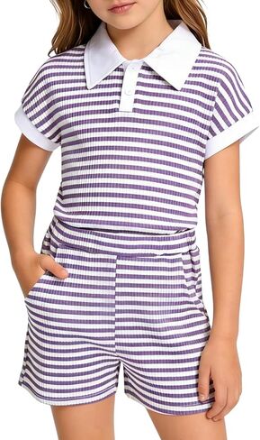 Size 7-14 Girls 2 Piece Outfits Summer Striped Lapel Short Set Cute Teen Girl Clothing Set in Saudi Arabia