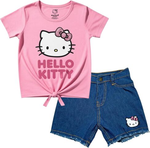 Hello Kitty Girls 2-Piece Outfit Set, Short Sleeve Tie-Front Graphic Top and Denim Shorts in Kuwait