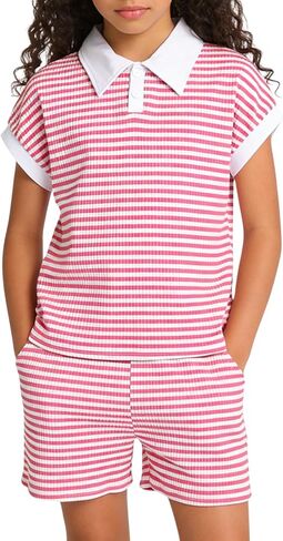 Size 7-14 Girls 2 Piece Outfits Summer Striped Lapel Short Set Cute Teen Girl Clothing Set in Saudi Arabia