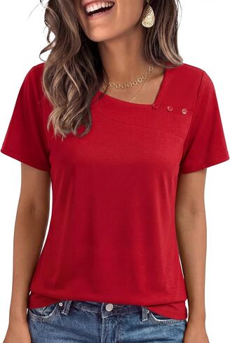 Short Sleeve Shirts for Women Tunic Tops Asymmetric Square Neck with Decorative Buttons Loose Fit Summer Casual in Saudi Arabia