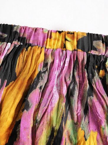 Women's Black Purple-Yellow Feather Print Pleated Maxi Skirt - Bohemian Casual Vacation Long Skirt in Kuwait