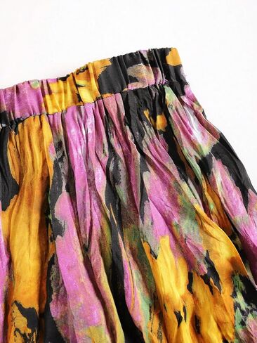 Women's Black Purple-Yellow Feather Print Pleated Maxi Skirt - Bohemian Casual Vacation Long Skirt in Kuwait