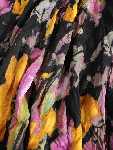 Women's Black Purple-Yellow Feather Print Pleated Maxi Skirt - Bohemian Casual Vacation Long Skirt in Kuwait