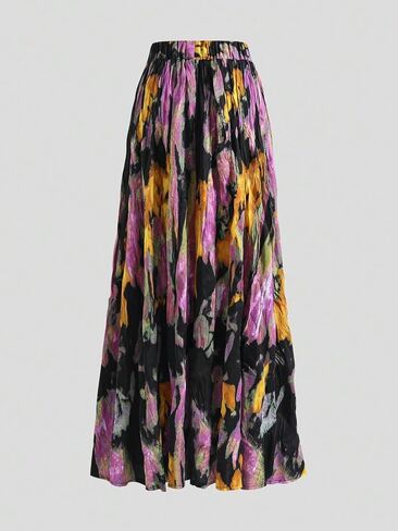 Women's Black Purple-Yellow Feather Print Pleated Maxi Skirt - Bohemian Casual Vacation Long Skirt in Kuwait