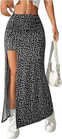 WDIRARA Women's Floral Split Thigh Maxi Skirt High Waisted Bodycon Long Skirts in Kuwait