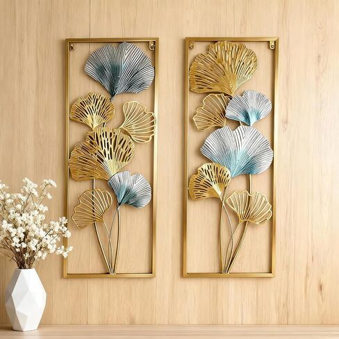 Set of 2 Gold & Blue Ginkgo Leaf Metal Wall Art, 33.5"x12.2" Modern Framed Wall Sculpture, Farmhouse Boho Bohemian Home Decor for Living Room Bedroom Bathroom, Elegant Birthday Wedding Housewarming Gift in Saudi Arabia