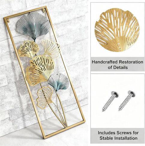 Set of 2 Gold & Blue Ginkgo Leaf Metal Wall Art, 33.5"x12.2" Modern Framed Wall Sculpture, Farmhouse Boho Bohemian Home Decor for Living Room Bedroom Bathroom, Elegant Birthday Wedding Housewarming Gift in Saudi Arabia