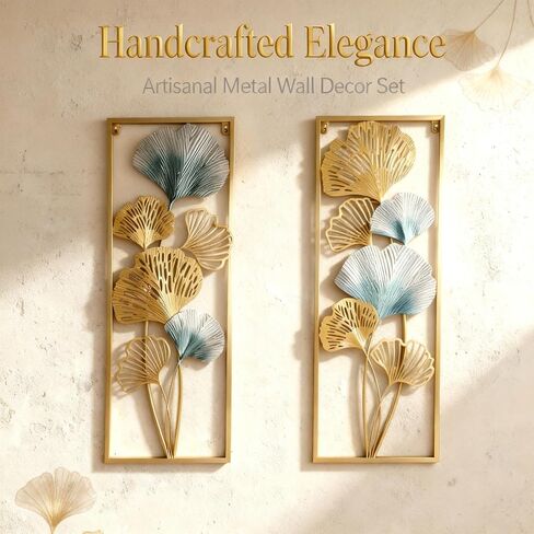 Set of 2 Gold & Blue Ginkgo Leaf Metal Wall Art, 33.5"x12.2" Modern Framed Wall Sculpture, Farmhouse Boho Bohemian Home Decor for Living Room Bedroom Bathroom, Elegant Birthday Wedding Housewarming Gift in Saudi Arabia