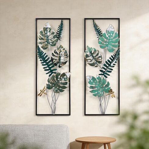 Set of 2 Gold & Blue Ginkgo Leaf Metal Wall Art, 33.5"x12.2" Modern Framed Wall Sculpture, Farmhouse Boho Bohemian Home Decor for Living Room Bedroom Bathroom, Elegant Birthday Wedding Housewarming Gift in Saudi Arabia