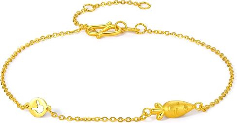ZHOU LIU FU 24K Gold Bracelet Carrot Link Bracelet Round Rabbit Plate Dainty Jewelry for Women Mom Daughter Lover Birthday Anniversary 6.3-7.5Inch/16+3cm A0710450 in Kuwait