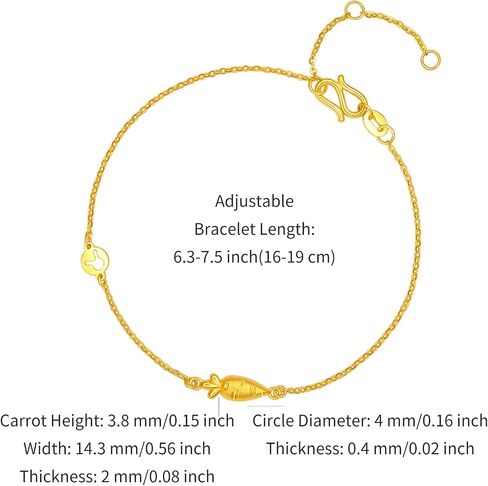 ZHOU LIU FU 24K Gold Bracelet Carrot Link Bracelet Round Rabbit Plate Dainty Jewelry for Women Mom Daughter Lover Birthday Anniversary 6.3-7.5Inch/16+3cm A0710450 in Kuwait