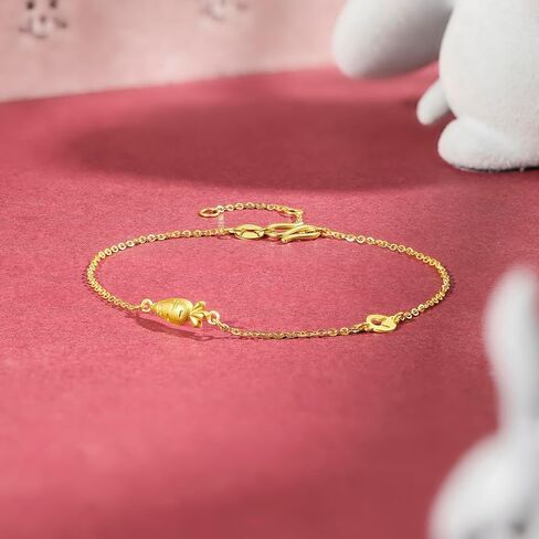 ZHOU LIU FU 24K Gold Bracelet Carrot Link Bracelet Round Rabbit Plate Dainty Jewelry for Women Mom Daughter Lover Birthday Anniversary 6.3-7.5Inch/16+3cm A0710450 in Kuwait