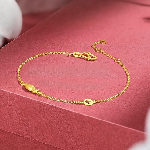 ZHOU LIU FU 24K Gold Bracelet Carrot Link Bracelet Round Rabbit Plate Dainty Jewelry for Women Mom Daughter Lover Birthday Anniversary 6.3-7.5Inch/16+3cm A0710450 in Kuwait