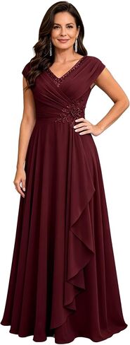 Chiffon Cap Sleeve Mother of The Bride Dresses for Women A Line Lace Applique V Neck Formal Dress for Wedding in Kuwait