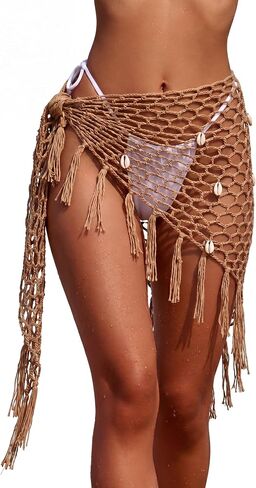 Zeyune Women Crochet Cover-up Skirt Mermaid Triangle Shawl Skirt Hollow Out Swimwear Shell Tassel Beach Fishnet Wrap in Kuwait