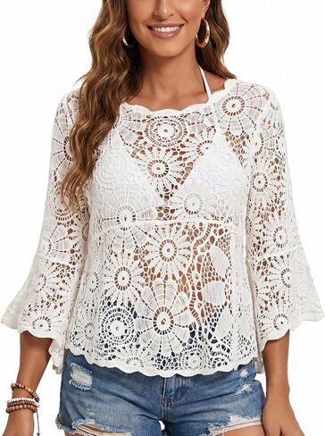 HUICHANG Boho Crochet Tops for Women 3/4 Length Sleeve Hollow Out Cropped Cover Up Vacation Outfits Bathing Suit Coverups in Kuwait