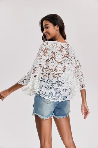 HUICHANG Boho Crochet Tops for Women 3/4 Length Sleeve Hollow Out Cropped Cover Up Vacation Outfits Bathing Suit Coverups in Kuwait