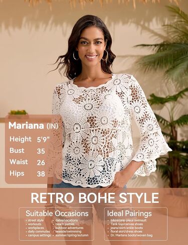 HUICHANG Boho Crochet Tops for Women 3/4 Length Sleeve Hollow Out Cropped Cover Up Vacation Outfits Bathing Suit Coverups in Kuwait