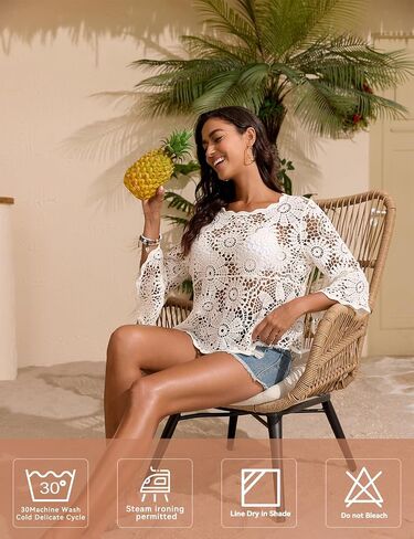 HUICHANG Boho Crochet Tops for Women 3/4 Length Sleeve Hollow Out Cropped Cover Up Vacation Outfits Bathing Suit Coverups in Kuwait