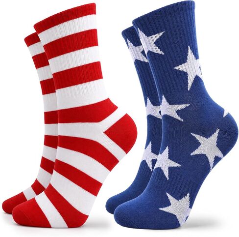 cobee 2 Pairs American Flag Socks for Men Women, Patriotic Red White Blue Stars Stripes Crew Socks Fun Accessories Unisex One Size Adults in Kuwait