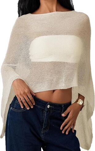 Womens Sheer Knit Poncho Shrug Bolero Sweater Lightweight See Through Shawl Wrap Tops Summer Beach Cover Up in Kuwait