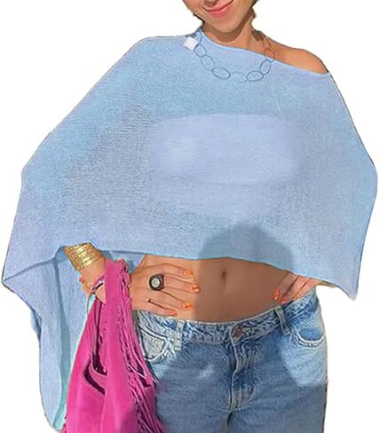 Womens Sheer Knit Poncho Shrug Bolero Sweater Lightweight See Through Shawl Wrap Tops Summer Beach Cover Up in Kuwait