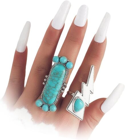 Boho Turquoise Full Finger Long Rings for Women Men,Unique Chunky Silver Stacking Western Knuckle Rings,Vintage Ethnic Band Signet Thumb Rings Jewelry in Saudi Arabia