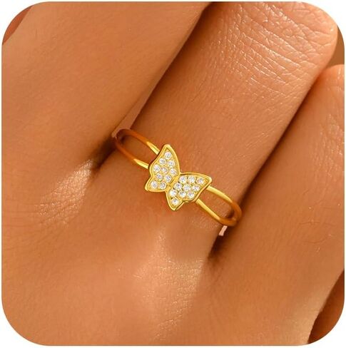 Butterfly Rings for Women,925 Sterling Silver Dainty CZ Butterfly Double Layer Stackable Rings to Daughter Mother 14K Gold Plated Crystal Butterfly Animal Rings Spring Jewelry Wedding Gifts in Saudi Arabia