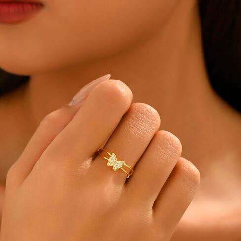 Butterfly Rings for Women,925 Sterling Silver Dainty CZ Butterfly Double Layer Stackable Rings to Daughter Mother 14K Gold Plated Crystal Butterfly Animal Rings Spring Jewelry Wedding Gifts in Saudi Arabia