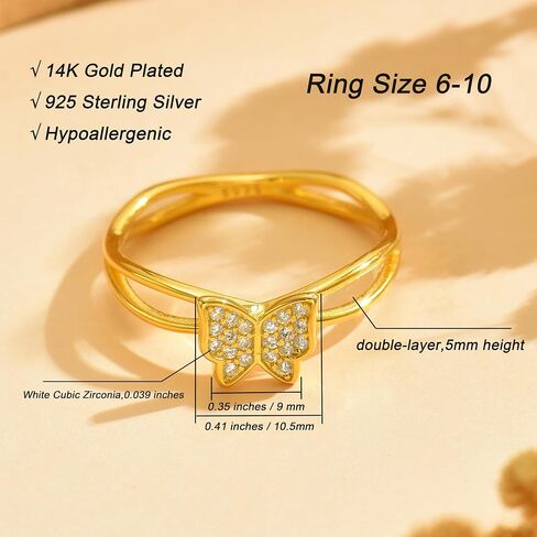Butterfly Rings for Women,925 Sterling Silver Dainty CZ Butterfly Double Layer Stackable Rings to Daughter Mother 14K Gold Plated Crystal Butterfly Animal Rings Spring Jewelry Wedding Gifts in Saudi Arabia
