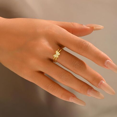 Butterfly Rings for Women,925 Sterling Silver Dainty CZ Butterfly Double Layer Stackable Rings to Daughter Mother 14K Gold Plated Crystal Butterfly Animal Rings Spring Jewelry Wedding Gifts in Saudi Arabia