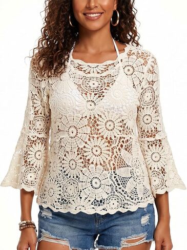 HUICHANG Boho Crochet Tops for Women 3/4 Length Sleeve Hollow Out Cropped Cover Up Vacation Outfits Bathing Suit Coverups in Saudi Arabia