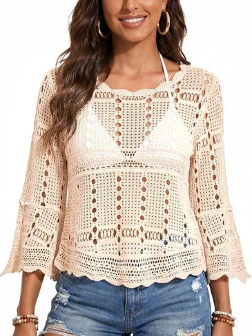 HUICHANG Boho Crochet Tops for Women 3/4 Length Sleeve Hollow Out Cropped Cover Up Vacation Outfits Bathing Suit Coverups in Kuwait