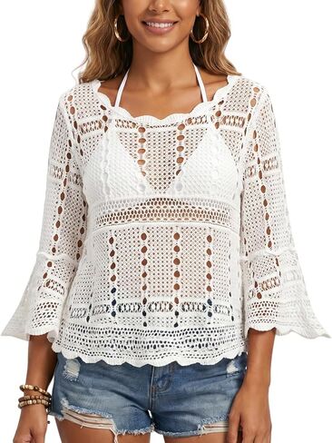 HUICHANG Boho Crochet Tops for Women 3/4 Length Sleeve Hollow Out Cropped Cover Up Vacation Outfits Bathing Suit Coverups in Kuwait