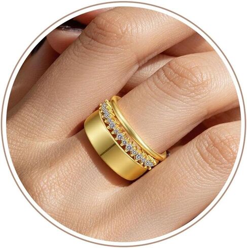 3-Pack Chunky Stacking Rings for Women 14K Gold Silver Plated Stackable Band Rings Cubic Zirconia Croissant Twist Stack Statement Rings Size 7-9 in Saudi Arabia