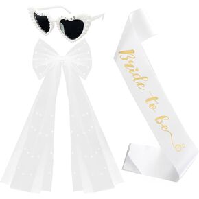 3 Pieces Bride To Be Veil Set Bow Bridal Veil with Clip Bride To Be Sash Heart Glasses with Pearls for Bachelorette Party Engagement Wedding Supplies, White in Saudi Arabia