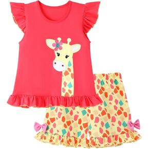 Girls 2-Piece Outfit, 100% Cotton Ruffle Sleeve Giraffe Print T-Shirt & Shorts Set, 2-7 Years Kids Summer Clothes in Kuwait
