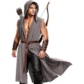 3PCS Mens Renaissance Hooded Surcoat Set, Medieval Sleeveless Tabard with Viking Belt & Bracers for Halloween Cosplay in Saudi Arabia