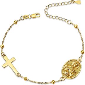 Patron Saint Bracelet, 14K Gold Bracelet Cross, Catholic Jewelry Religious Medal Christian Gift For Women with 7"+2" Adjustable Cable Chain in Saudi Arabia
