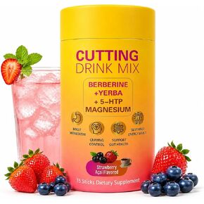 Cutting Drink Mix, Gut Health & Energy Support with Berberine,5-HTP, Yerba Mate & Magnesium, Strawberry Acai Flavor, Vegan, Non-GMO,15 Servings in Saudi Arabia