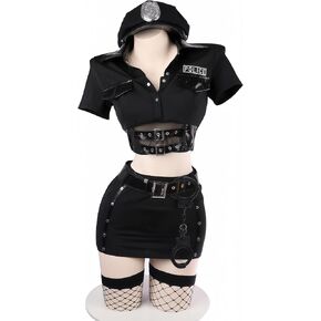 Sexy Police Lingerie Set – Tempting 7-Piece Uniform with Hat, Top, Gloves, Skirt, Stockings, Handcuffs, Belt & Glasses, One Size Fits Up to S-M, Please Refer to Size Chart Black in Kuwait