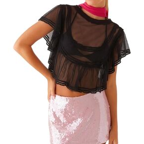 Women Boho Mesh Sheer Poncho Top Embroidered See Through Cape Top Boat Neck Ruffle Hem Flowy Tops Crop Cover Up in Saudi Arabia