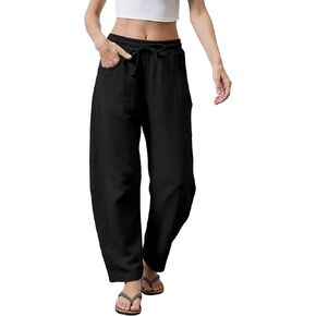 SeekMe Women's Linen Pants Barrel Leg Elastic Waist Drawstring Baggy Casual Trousers Beach Vacation Outfits in Saudi Arabia