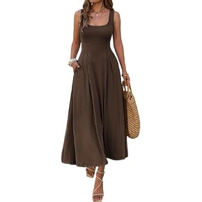 Mieazom Women's Summer Sleeveless Empire Maxi Dress Square Neck A-Line Pleated Flowy Elegant Casual Dresses with Pockets in Saudi Arabia