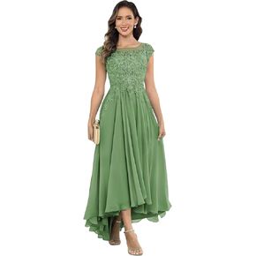 Tea Length Mother of The Bride Dresses with Pockets Sleeves Chiffon Lace Appliques Formal Dress in Saudi Arabia