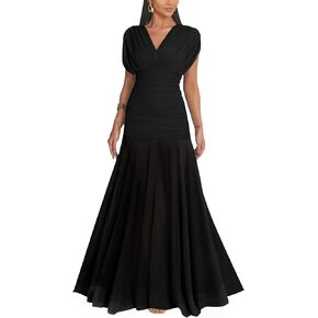 GOKATOSAU Women's Elegant Formal V Neck Bodycon Maxi Dress | Mesh Cap Sleeve, Ruched, Ruffle Hem, Long in Saudi Arabia
