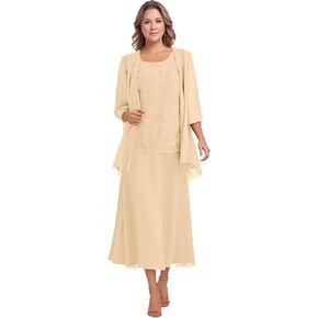 2 Pieces Mother of The Bride Dresses for Wedding Tea Length Lace Chiffon Wedding Guest Dress with Sleeves BWL024 in Saudi Arabia