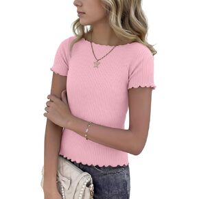 Halfchet Girls Short Sleeve T-Shirts 5-16 Years Boat Neck Lettuce Trim Ribbed Tops Kid Tight Slim Fit Summer Casual Cute Tees in Kuwait